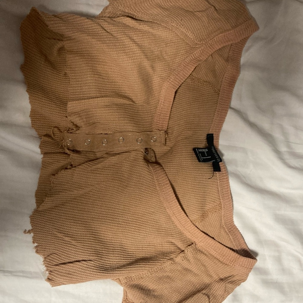 Hollister Ribbed Button-Up Crop Top - Tan